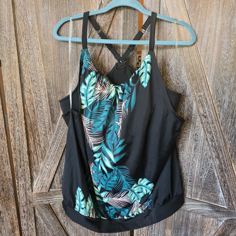 Swim By Cacique Lane Bryant Top Women's Size 24 Black Floral Tropical Tank Bra
